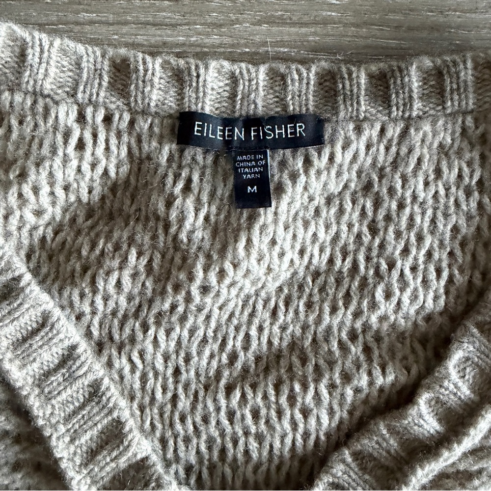 Eileen Fisher Vneck Yak Wool Open Knit Sweater Neutral Tan size Medium - Picture 2 of 9